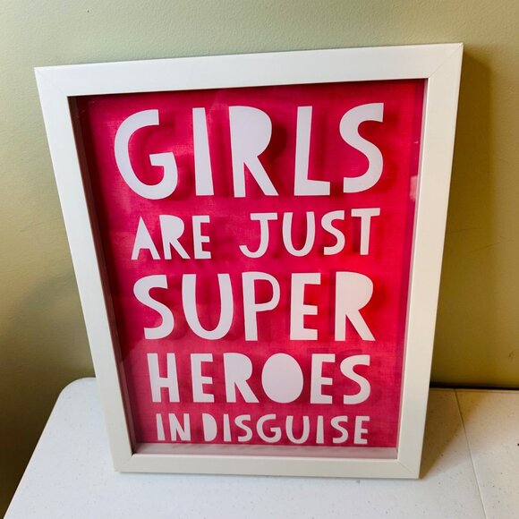 Framed Art Print Girls Are Just Superheroes In Disguise 11"x14" Pink & White - Picture 2 of 13